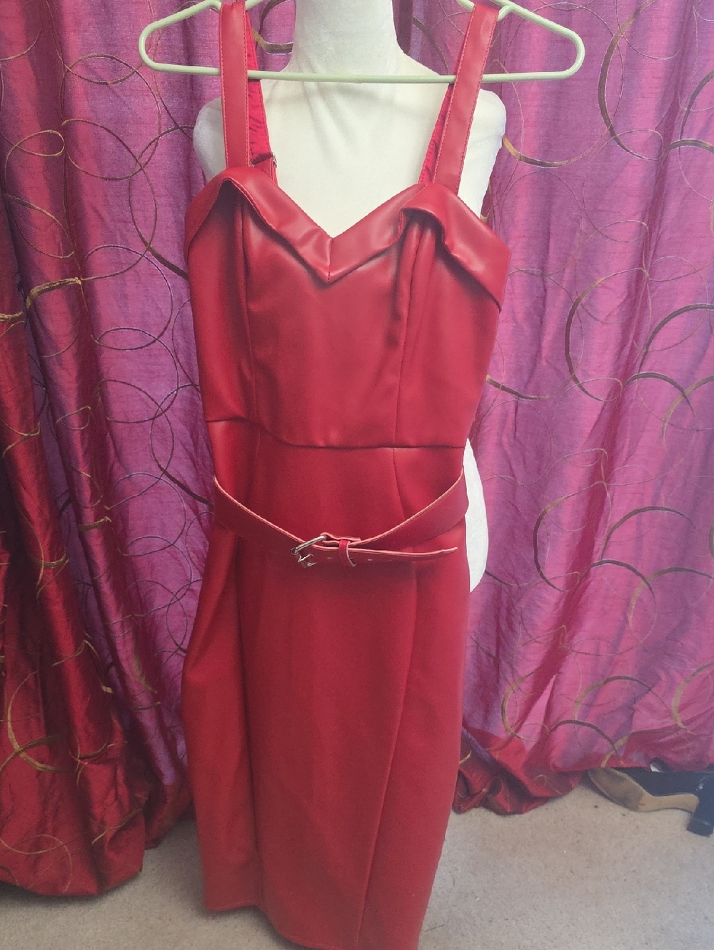 Downtown Dames Red Faux Leather DRESS  Midi Dress with Waist Belt No Stretch ...